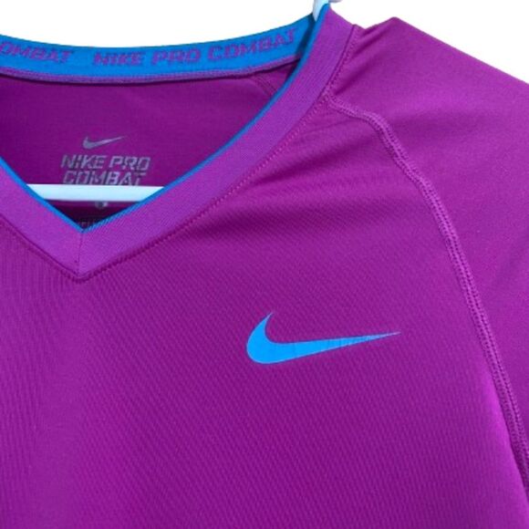 NIKE Women’s PRO COMBAT Fuschia Long Sleeve Athletic Gym Workout Top, Sz-S - Picture 6 of 6